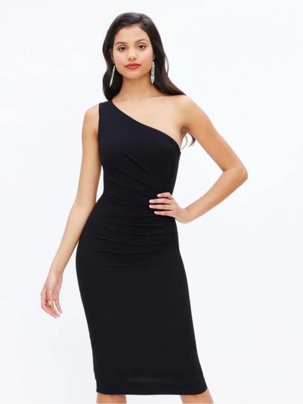 Dress the Population Black One-Shoulder Ruched Cocktail Dress